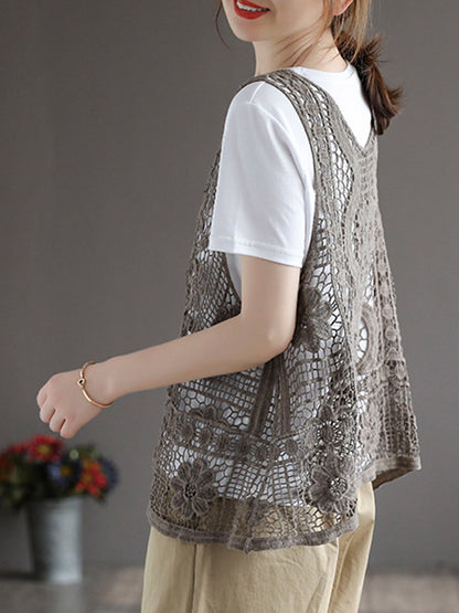 Stylish Solid Color Embroidered V-Neck Vest Tops