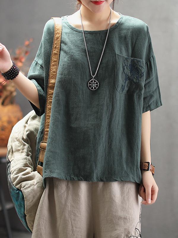 Vintage Embroidered Round-neck Solid T-shirt