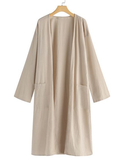 Simple Ramie Cotton Solid Color Long Sleeves Long Outerwear