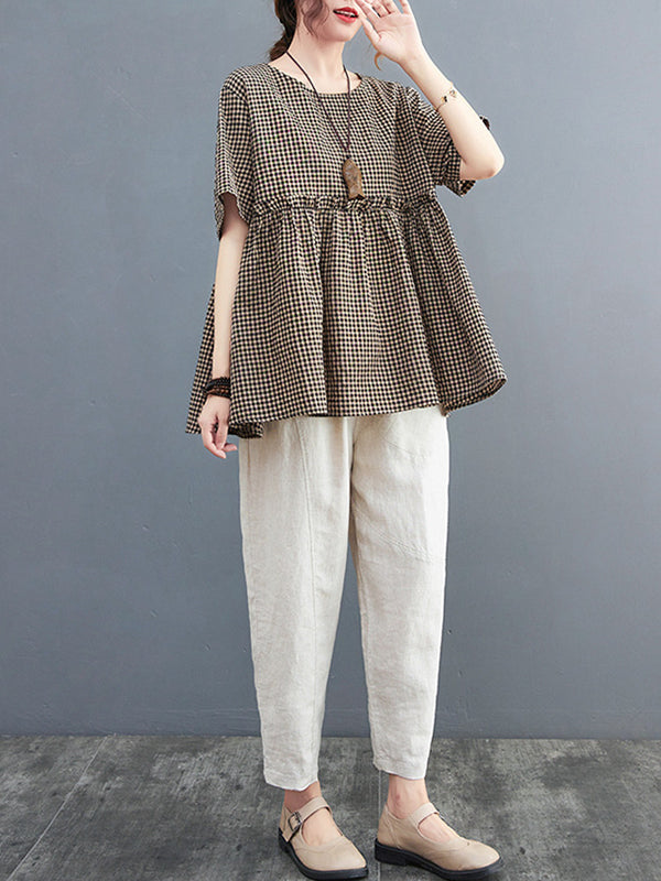 Artistic Retro Loose Plaid Ramie Cotton Falbala T-Shirt Top