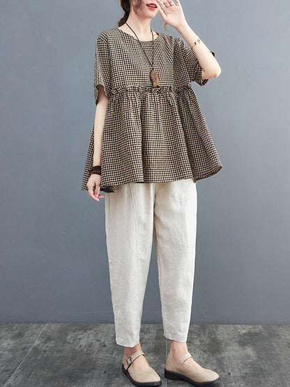 Artistic Retro Loose Plaid Ramie Cotton Falbala T-Shirt Top
