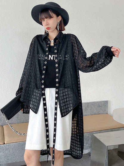 Stylish See-Through Buttoned High-Low Lapel Outerwear