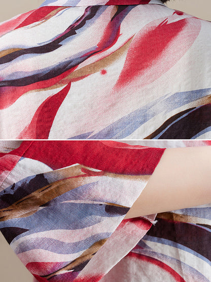 Artistic Retro Contrast Color Printed Split-Joint Blouse