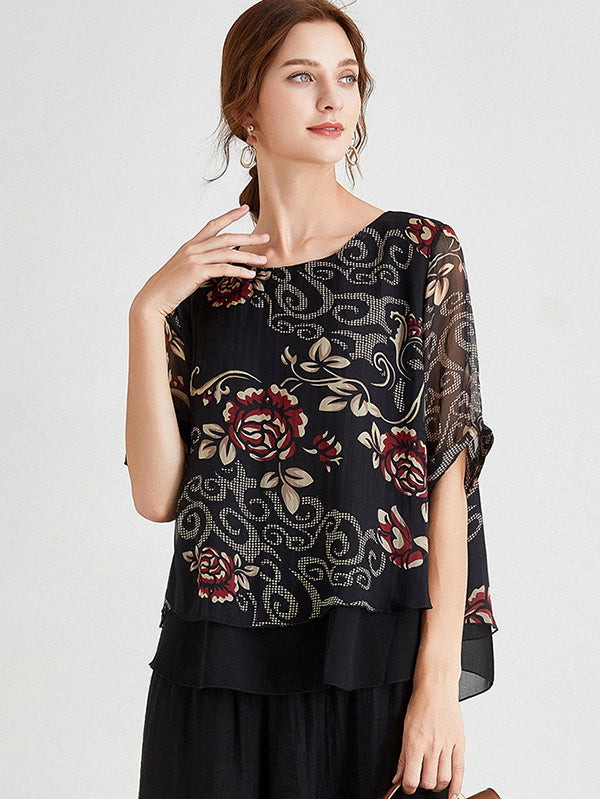 Original Silk Floral Printed Contrast Color T-Shirt Top