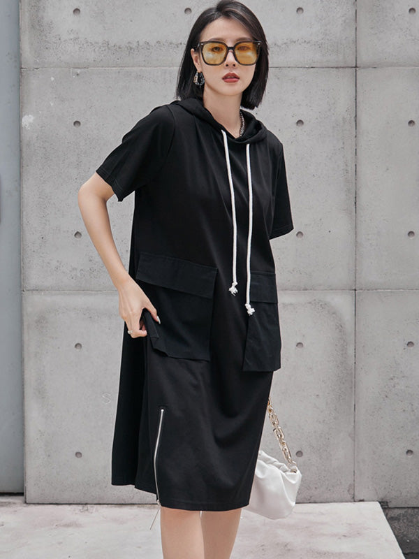 Original Black Zipper Split-Side Hooded H-Line Short Sleeves Midi Dress