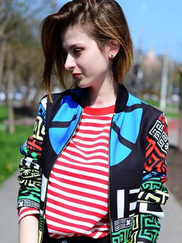 Splicing Color Geometric Print Short Jacket