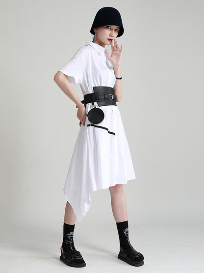 Stylish Irregular Split-Joint Falbala Buttoned Lapel Collar Short Sleeves Midi Dress