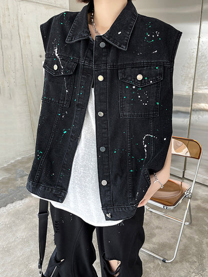 Original Denim Split-Joint With Pocket Splash Ink Buttoned Lapel Collar Sleeveless Vest Outwear