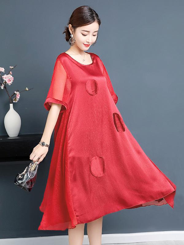 Plus Size Solid Color A-line Round-neck Mini Dress