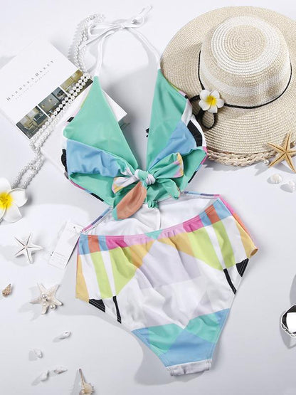 Geometric Pattern Print Plunge One Piece Swimsuit
