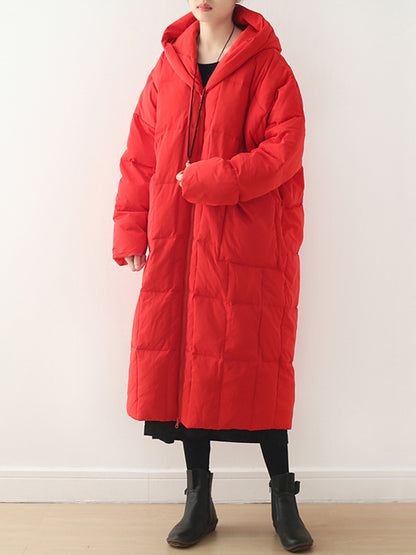 Simple White Duck Down Over Knee Solid Color Zipper Hooded Down Wear Coat