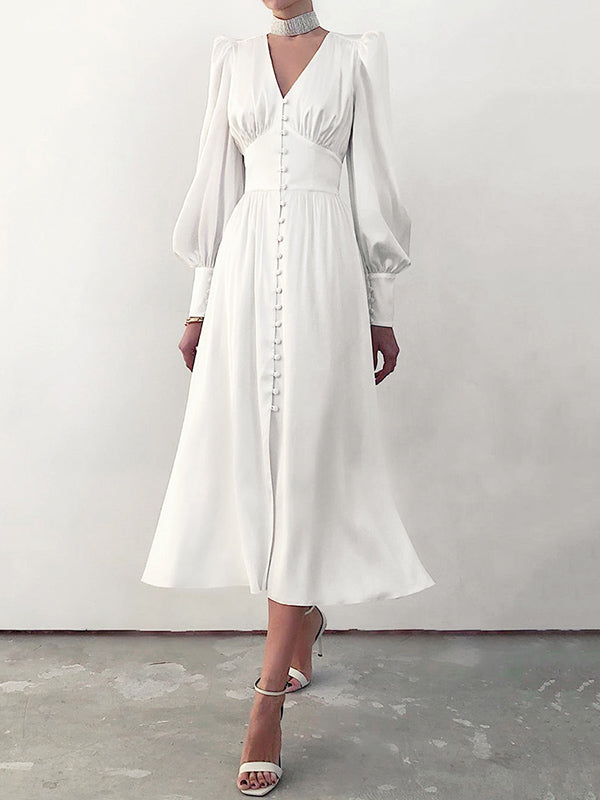 Urban Buttoned Split-Front High Waisted Puff Sleeve A-Line Midi Dress
