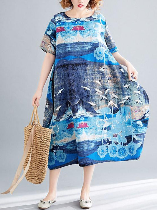 Ramie Cotton Plus Size Printing Style Midi Dresses