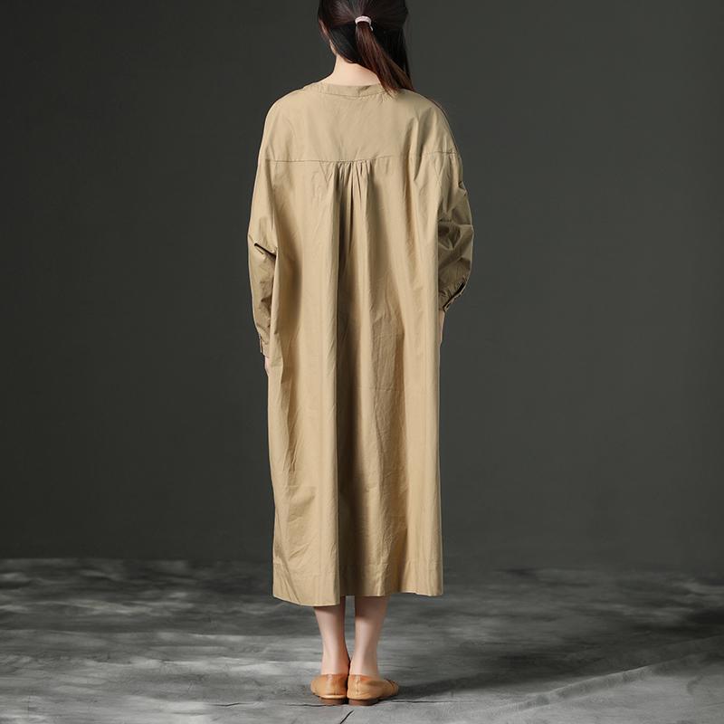 Cotton Khaki Casual Shoulder Sleeves Long Dresses