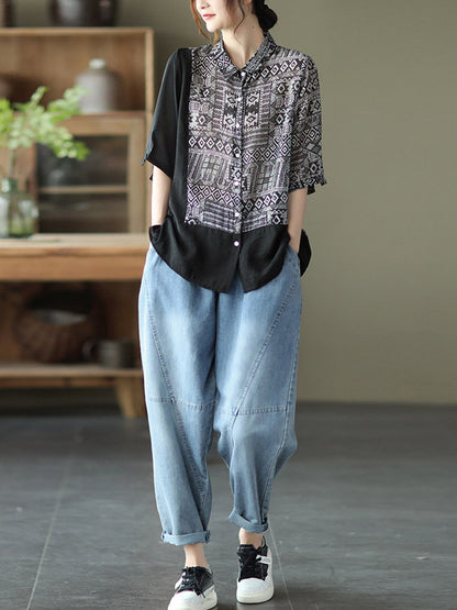 Original Printing Half Sleeve Lapel Blouse Tops