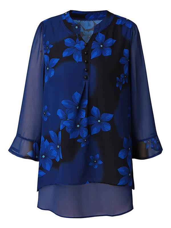 V-Neck Printed Loose Lace Chiffon Blouse