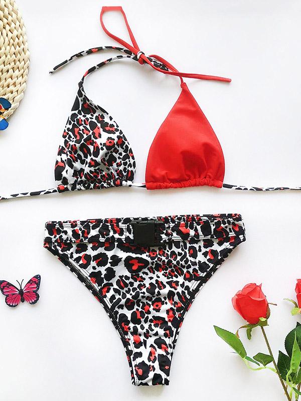 Sexy Net Yarn Leopard-Print Three-Piece Swimsuit