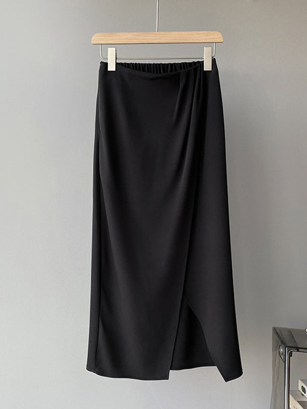 Stylish Solid Color Asymmetric Split-Front Elastics A-Line Skirts
