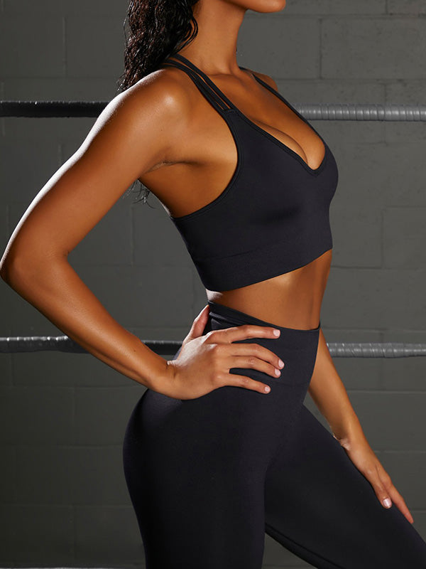 Solid Bra & High-Waist Hip-Lifting Leggings Sports Fitness Suit