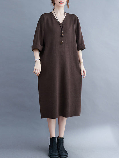 Urban Solid Color V-Neck Split-Side Knitting H-Line Sweater Dress