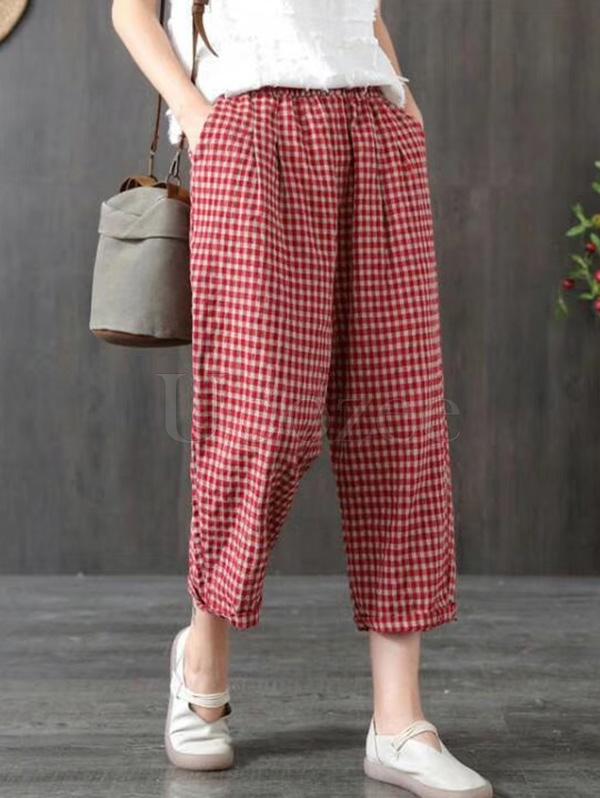 Vintage Ramie Cotton Plaid Capri Harem Pants