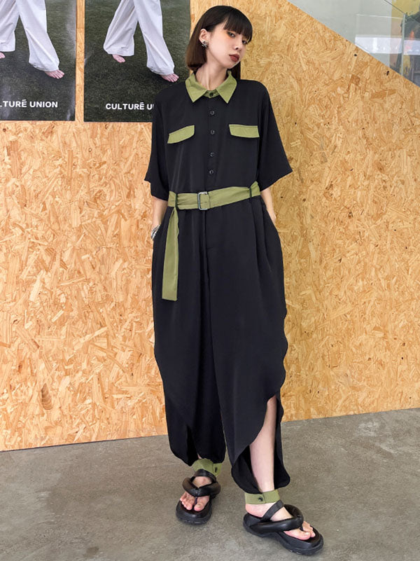 Stylish Belted Polo Collar Half Sleeve High-Waisted Jumpsuits