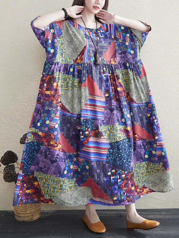 Loose Floral Printed Pleated Round-Neck Half Sleeves Midi Dress