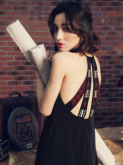 National Embroidered Hollow Spaghetti-neck Mini Dress