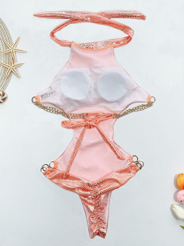 Stand Collar Snake-Print Backless One-Piece Swimwear