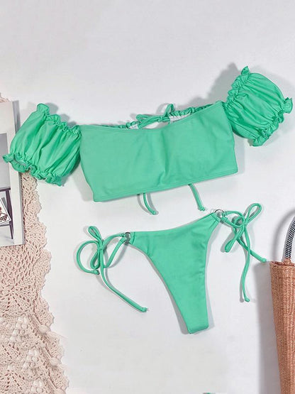 Solid Color Ruffled Short Sleeve Bandage Split Bikini Swimsuit
