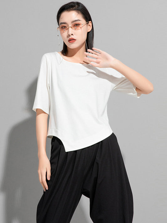 Stylish Asymmetric Irregular Clipping Round-Neck T-Shirt