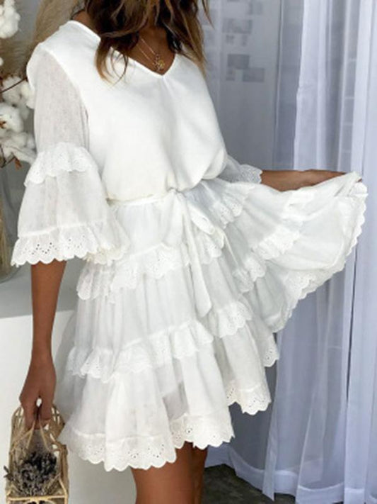 Flared Sleeves V-neck Mini Dresses