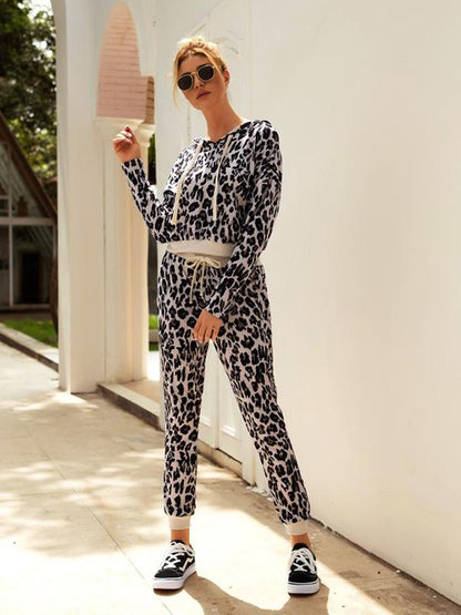 Leopard Drawstring Hoodie&Pants Suits