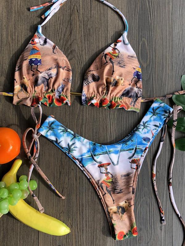 Retro Printed Bandage Split Bikini Swimsuit