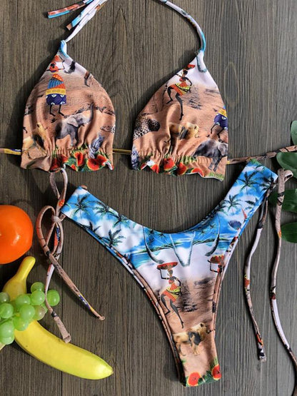 Retro Printed Bandage Split Bikini Swimsuit