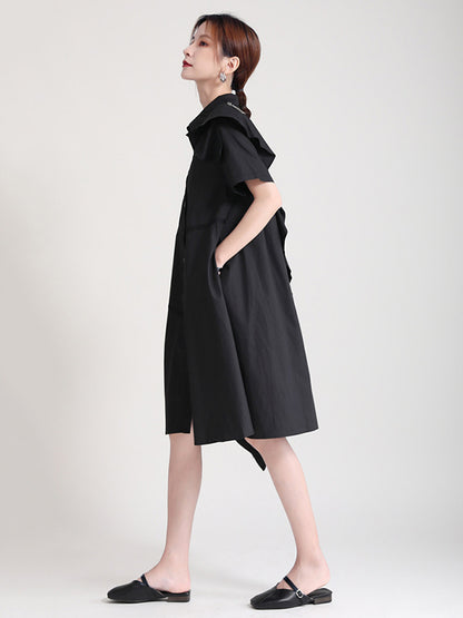 Stylish Irregular Split-Joint Falbala Buttoned Lapel Collar Short Sleeves Midi Dress