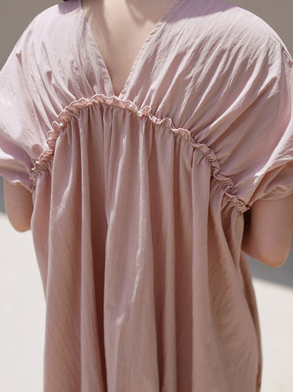 Casual Solid Color Falbala Pleated V-Neck Short Sleeves Maxi Dress