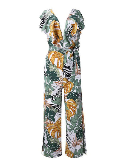 Printed Leaf Pattern Falbala Bohemia Jumpsuits