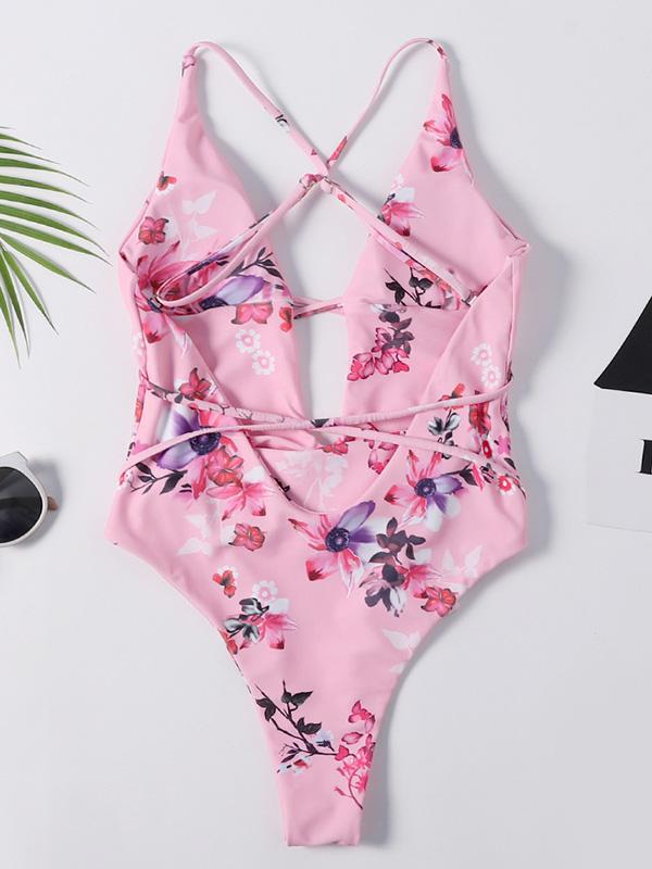 Printed Lace-Up One-Piece Swimsuit