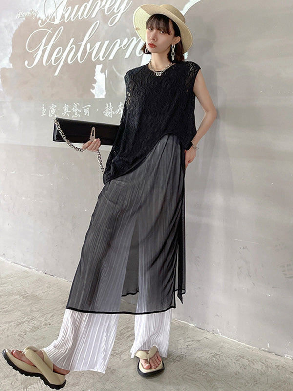 Stylish Asymmetric Hollow Split-Joint See-Through Round-Neck Vest