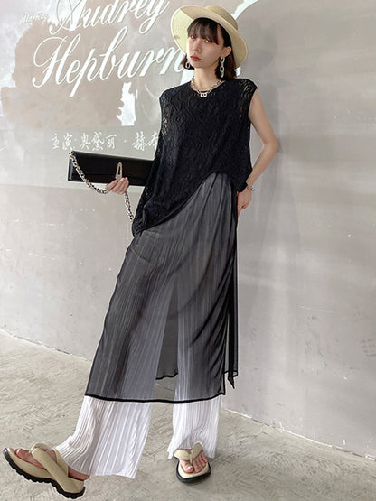 Stylish Asymmetric Hollow Split-Joint See-Through Round-Neck Vest
