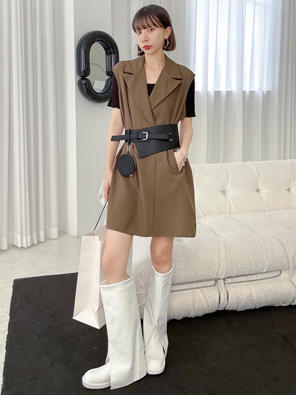 Urban Solid Color Split-Joint Notched Collar Sleeveless Mini Blazer Dress