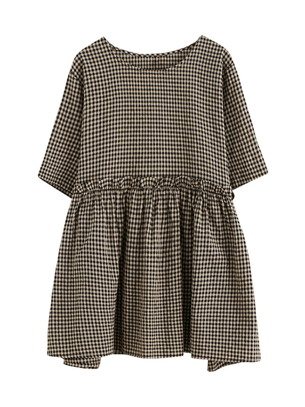 Artistic Retro Loose Plaid Ramie Cotton Falbala T-Shirt Top