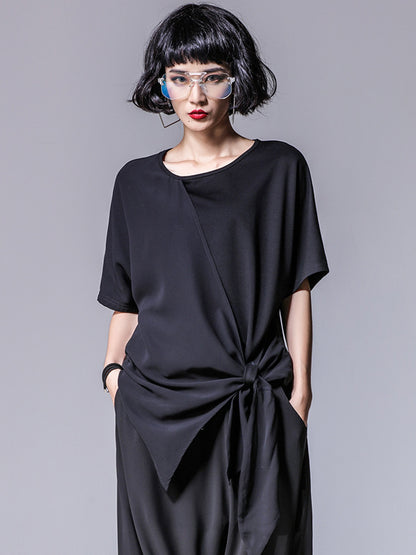 Asymmetrical Loose Round-Neck Modal And Chiffon T-Shirts Tops