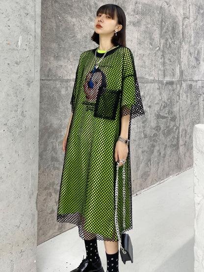 Stylish Hollow Mesh H-Line Short Sleeves Round-Neck Midi Dress