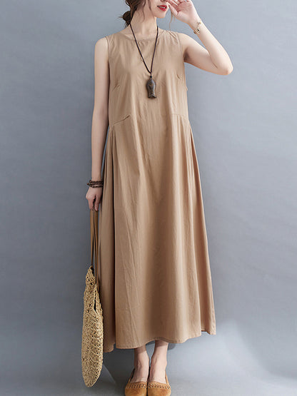 Simple Casual Loose Solid Color Pleated Midi Dress
