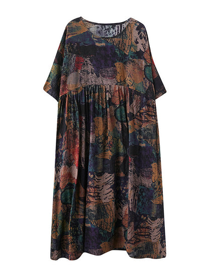 Stylish Printed Round-Neck Loose Batwing Sleeve Midi Dress
