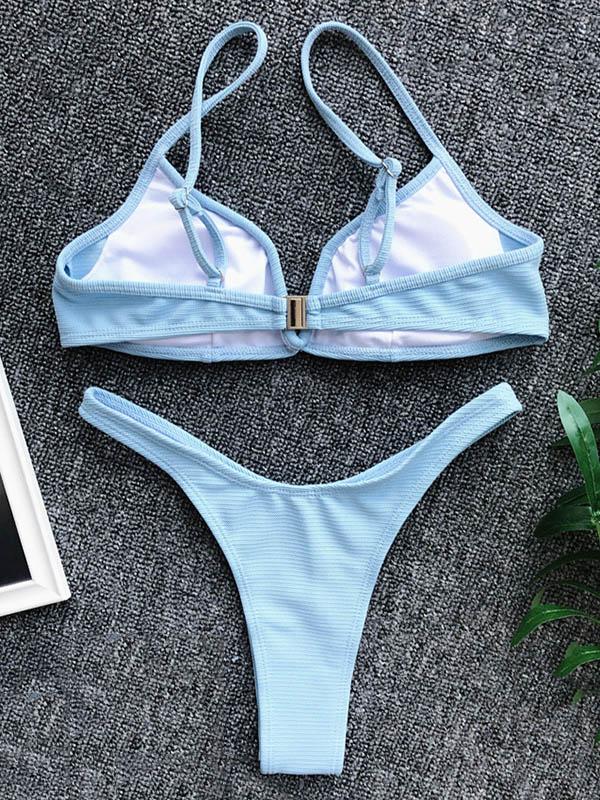 V-Neck Solid Color Split Bikini Swimsuit