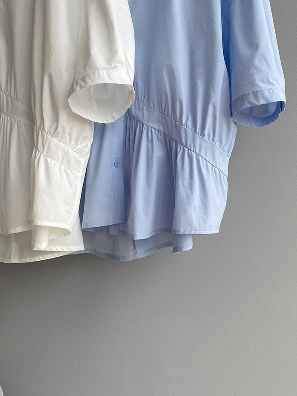 Stylish White&Blue Asymmetric High-Low Half Sleeves Blouses