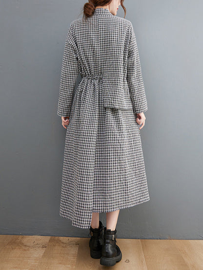 Artistic Retro Irregular Split-Joint Plaid Pleated Buttoned Elasticity Waist Lapel Collar Long Sleeves Midi Shirt Dress